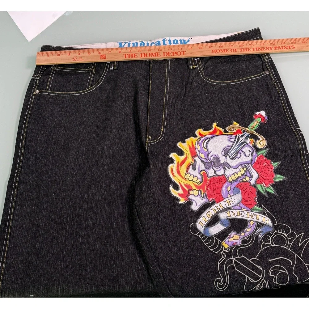 VTG Y2k Raw Blue Jeans Men 42x34 Black Denim Embroidered Embellish Skull Baggy‎